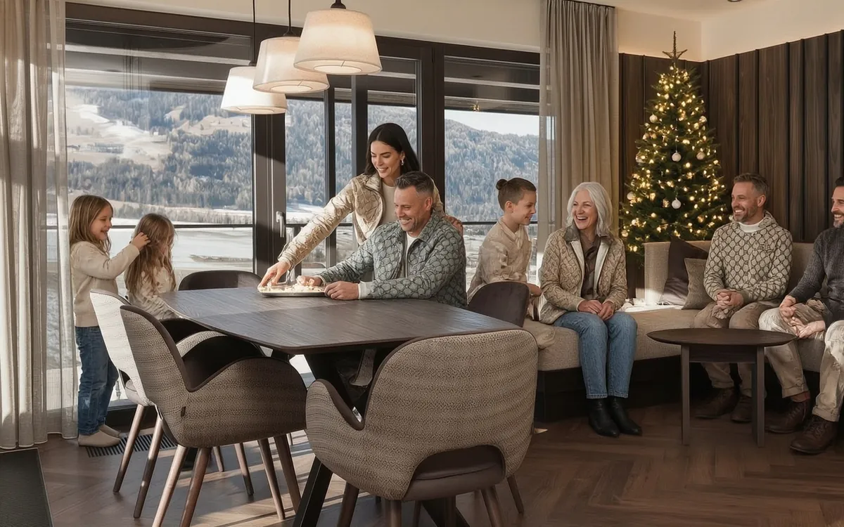 Drei Generationen feiern Weihnachten in der Wohnküche einer Suite, mit Christbaum und Blick auf die verschneiten Berge