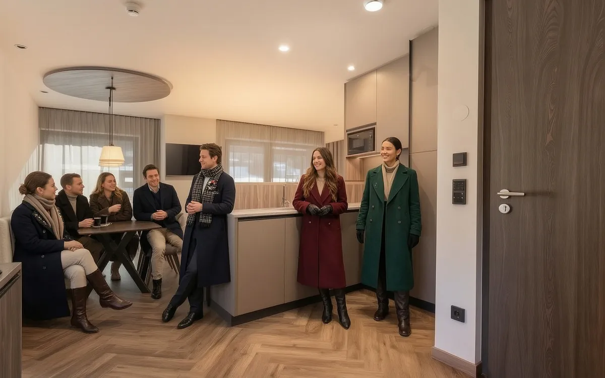 Familie und Freunde in Wintermänteln kommen gemeinsam in der Wohnküche einer Suite an