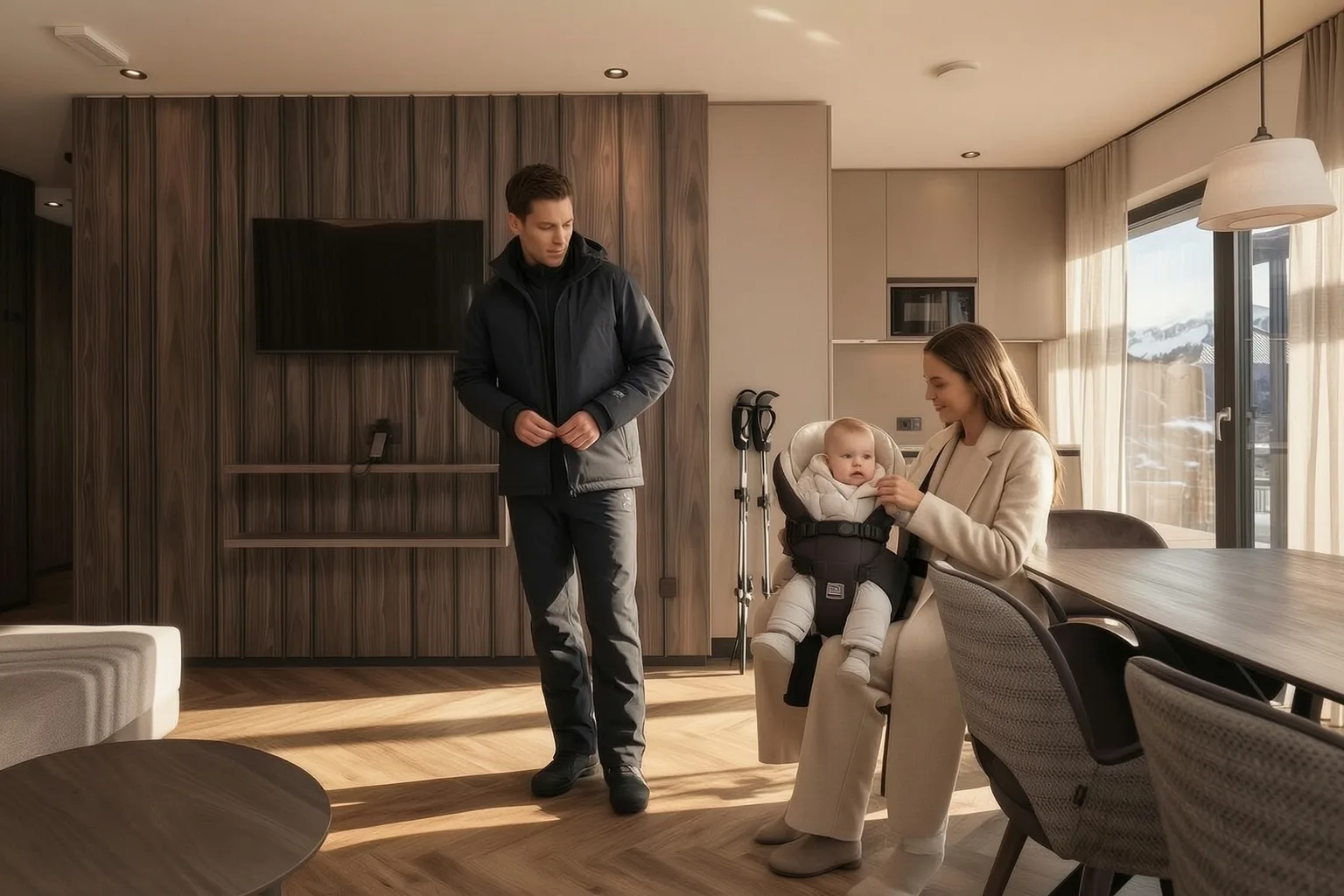 Junge Familie mit Baby kommt in Winterkleidung in der Wohnküche einer Suite an, Skistöcke an der Wand, Blick auf die verschneiten Berge