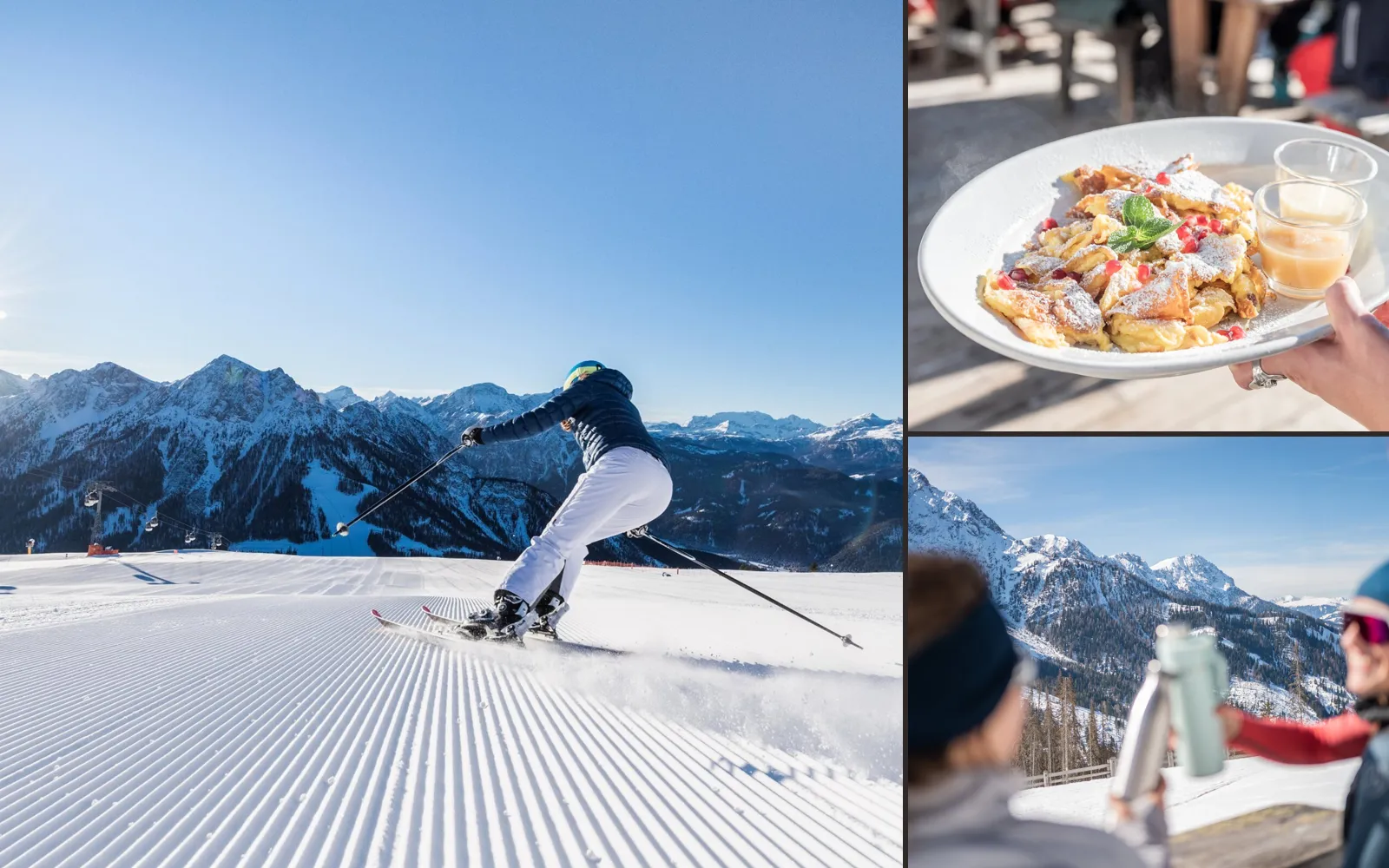 Skifahrerin auf frisch präparierter Piste in der Sonne, daneben Kaiserschmarrn auf der Hüttenterrasse und Anstoßen vor den Dolomiten