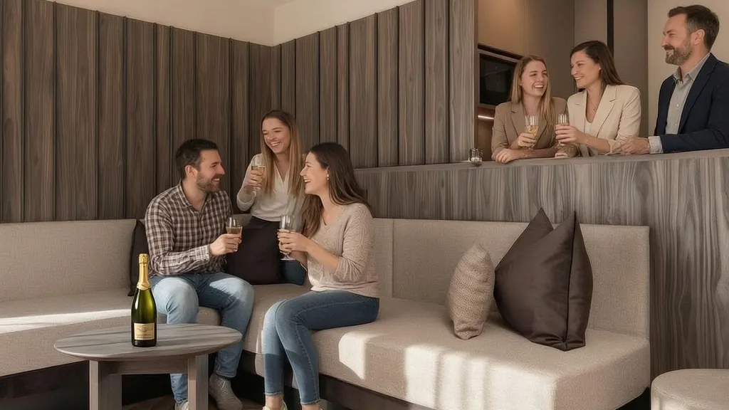 Zwei Familien stoßen in der Wohnküche einer Suite an, auf der Sitzbank und an der Küchentheke